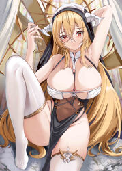 Rule 34 | 1girl, absurdres, arm up, armpits, azur lane, between breasts, blonde hair, blush, breasts, closed mouth, covered navel, cross, cross necklace, crossed bangs, hair between eyes, highres, holding, holding jewelry, holding necklace, horns, implacable (azur lane), jewelry, kanesada dp, knee up, large breasts, long bangs, long hair, looking at viewer, necklace, pelvic curtain, red eyes, sitting, smile, strap between breasts, thighhighs, thighs, very long hair, white thighhighs