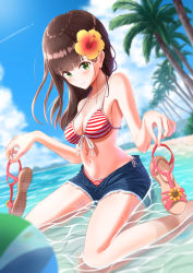 Rule 34 | 1girl, ball, bare legs, beachball, bikini, blue sky, blunt bangs, breasts, brown hair, cleavage, closed mouth, contrail, day, denim, denim shorts, dutch angle, feet out of frame, flower, green eyes, hair flower, hair ornament, highres, holding, holding clothes, holding footwear, looking at viewer, medium breasts, medium hair, mountainous horizon, navel, ntn00a, ocean, open fly, original, outdoors, palm tree, partially submerged, sandals, short shorts, shorts, sideboob, sitting, sky, smile, striped bikini, striped clothes, swimsuit, tree, unbuttoned, unworn footwear, unworn sandals, wariza