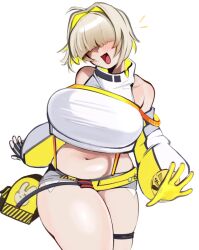 Rule 34 | 1girl, ahoge, bare shoulders, blonde hair, blunt bangs, blush, breasts, cowboy shot, elegg (nikke), exposed pocket, gloves, goddess of victory: nikke, hair intakes, hair over eyes, head tilt, highres, huge breasts, large breasts, long sleeves, multicolored hair, navel, notice lines, open hands, open mouth, outstretched arms, plump, short shorts, shorts, simple background, solo, suspender shorts, suspenders, taut clothes, thick thighs, thigh strap, thighs, two-tone hair, virambs, white background, yellow gloves