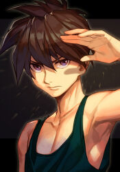 Rule 34 | 1boy, armpits, bare shoulders, black background, blue eyes, brown hair, closed mouth, collarbone, gundam, gundam wing, hair between eyes, hand up, heero yuy, hungry clicker, looking at viewer, male focus, pectoral cleavage, pectorals, portrait, purple eyes, salute, short hair, solo, tank top, toned, toned male, upper body