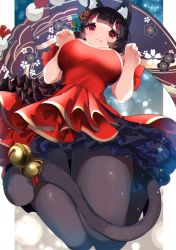 Rule 34 | 1girl, absurdres, animal ear fluff, animal ears, azur lane, bell, black hair, black pantyhose, breasts, cat ears, cat tail, closed mouth, dress, fang, flower, gradient background, hair flower, hair ornament, highres, large breasts, looking at viewer, pantyhose, paw pose, pom pom (cheerleading), red dress, red eyes, short eyebrows, short hair, smile, solo, sparks, tail, tail bell, tail ornament, thick eyebrows, yamaha tsui, yamashiro (azur lane), yamashiro (dressy black cat) (azur lane)