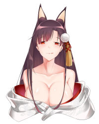 Rule 34 | 1girl, :q, absurdres, akagi (azur lane), akagi (deep crimson poppy) (azur lane), animal ears, azur lane, bare shoulders, breasts, brown hair, cleavage, fox ears, hair ornament, highres, large breasts, long hair, looking at viewer, official alternate costume, red eyes, simple background, solo, tongue, tongue out, upper body, white background, zijiang