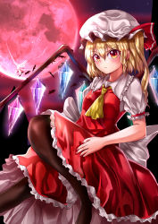 Rule 34 | 1girl, absurdres, ascot, back bow, bat (animal), black pantyhose, blonde hair, blouse, bow, breasts, closed mouth, commentary request, crystal, eyebrows hidden by hair, flandre scarlet, foot out of frame, frilled shirt collar, frilled skirt, frilled sleeves, frills, hat, hat ribbon, highres, mahoro (minase mahoro), medium hair, mob cap, moon, multicolored wings, nail polish, no shoes, orange eyes, outdoors, pantyhose, pink nails, pout, puffy short sleeves, puffy sleeves, purple sky, red moon, red ribbon, red skirt, red vest, ribbon, shirt, short sleeves, side ponytail, skirt, sky, small breasts, solo, touhou, v-shaped eyebrows, vest, white bow, white hat, white shirt, wings, yellow ascot