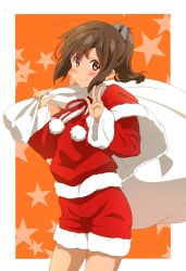 Rule 34 | 1girl, ahoge, ao iro, blush, brown eyes, brown hair, capelet, fur trim, hair ornament, hairclip, highres, holding, holding sack, i-401 (kancolle), kantai collection, neck ribbon, pom pom (clothes), ponytail, red ribbon, red shorts, ribbon, sack, shorts, smile, solo, star (symbol), v