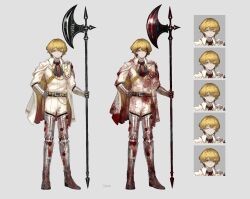 Rule 34 | 1boy, armored boots, ascot, axe, belt, black belt, blonde hair, blood, blood on clothes, bloody weapon, boots, closed mouth, cross, cross earrings, earrings, expressions, gauntlets, highres, holding, holding axe, jacket, jewelry, limbus company, looking at viewer, multiple views, pants, project moon, shan23852196, sinclair (project moon), wax seal, weapon, white jacket, white pants, yellow eyes