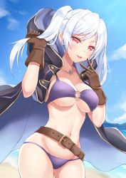 Rule 34 | 1girl, belt, bikini, braid, breasts, cleavage, cowboy shot, day, ears visible through hair, fire emblem, fire emblem awakening, fire emblem heroes, french braid, gloves, grima (fire emblem), hand in own hair, highres, hood, jewelry, large breasts, navel, necklace, nintendo, o-ring, o-ring bikini, outdoors, purple bikini, red eyes, robin (female) (fire emblem), robin (fire emblem), shiyo yoyoyo, sky, smile, swimsuit, thighs, tongue, tongue out, twintails, v, white hair