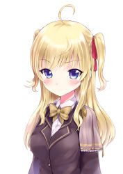 Rule 34 | 1girl, ahoge, aldehyde, bad id, bad pixiv id, blazer, blonde hair, blue eyes, blush, bow, bowtie, breasts, brown bow, brown bowtie, hair ribbon, jacket, looking at viewer, original, red ribbon, ribbon, school uniform, simple background, solo, twintails, two side up, upper body, white background