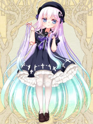 Rule 34 | 1girl, aqua hair, black dress, black hat, black ribbon, black sailor collar, blue eyes, blue hair, blush, bow, breasts, brown footwear, character request, closed mouth, copyright request, dairoku ryouhei, doll joints, dress, full body, gradient hair, hair between eyes, hair ribbon, hat, joints, loafers, long hair, mirai (happy-floral), multicolored hair, official art, pantyhose, pink hair, pleated dress, puffy short sleeves, puffy sleeves, purple bow, purple hair, ribbon, sailor collar, sailor dress, shoes, short sleeves, small breasts, solo, standing, very long hair, white pantyhose