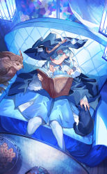 Rule 34 | 1girl, bad id, bad pixiv id, bird, black cat, blue coat, blue dress, blue eyes, blue hair, blue hat, book, braid, cat, closed mouth, coat, cookie, couch, dress, food, fur-trimmed coat, fur trim, hair over one eye, hat, highres, holding, holding book, looking at viewer, off-shoulder coat, off shoulder, on couch, one eye covered, open book, original, owl, shichigatsu, sitting, smile, solo, table