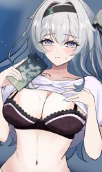 black_hairband blush bra breasts cellphone firefly_(honkai:_star_rail) grey_hair hair_between_eyes hair_intakes hair_ornament hair_ribbon hairband highres honkai:_star_rail honkai_(series) large_breasts lifting_own_clothes navel nuuuukoame phone ribbon smartphone sweatdrop underwear