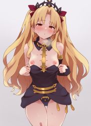 Rule 34 | 1girl, between breasts, black leotard, blonde hair, blush, breasts, detached collar, earrings, ereshkigal (fate), fate/grand order, fate (series), highres, hone kawa, infinity symbol, jewelry, leotard, leotard pull, long hair, looking at viewer, medium breasts, necklace, nipples, parted bangs, red eyes, skull, solo, spine, thighs, tiara, two side up