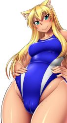 Rule 34 | 1girl, animal ears, aqua eyes, blonde hair, blue eyes, blush, breasts, cameltoe, cat ears, cleft of venus, collarbone, competition swimsuit, curvy, dark-skinned female, dark skin, groin, hands on own hips, large breasts, long hair, looking at viewer, nokoppa, one-piece swimsuit, original, simple background, smile, solo, standing, swimsuit, white background, wide hips