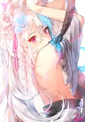 Rule 34 | 1girl, bad id, bad pixiv id, bare back, bare shoulders, blue hair, blush, braid, detached sleeves, hair ornament, long hair, looking at viewer, multicolored hair, original, red eyes, simple background, solo, sukja, two-tone hair, white hair