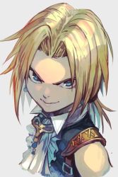 Rule 34 | 1boy, blonde hair, blue eyes, closed mouth, final fantasy, final fantasy ix, hungry clicker, looking at viewer, male focus, multicolored clothes, short hair, solo, square enix, v-shaped eyebrows, white background, zidane tribal