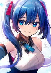 Rule 34 | 1girl, bare shoulders, blue eyes, blue hair, blue theme, blush, breasts, closed mouth, detached sleeves, hair between eyes, hair ribbon, hatsune miku, heart, highres, long hair, looking afar, medium breasts, neck ribbon, nixtutyannh, petals, red ribbon, ribbon, sideways glance, smile, solo, twintails, vocaloid, white background