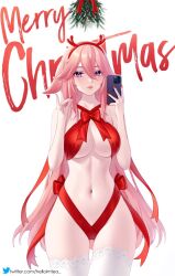 Rule 34 | 1girl, antlers, blush, bow, breasts, christmas, cleavage, fake antlers, genshin impact, helloimtea, highres, horns, lace, lace-trimmed legwear, lace trim, large breasts, long hair, looking at viewer, naked ribbon, navel, nude, red ribbon, reindeer antlers, ribbon, simple background, smile, solo, thighhighs, very long hair, yae miko