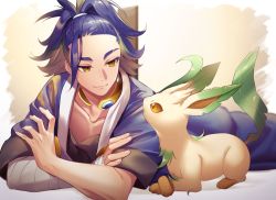 Rule 34 | 1boy, adaman (pokemon), arm wrap, blonde hair, brown eyes, closed mouth, coat, collar, collarbone, commentary request, creatures (company), crossed arms, eye contact, eyebrow cut, game freak, gen 4 pokemon, leafeon, looking at another, lying, male focus, multicolored hair, nintendo, omochimochi, on stomach, pokemon, pokemon (creature), pokemon legends: arceus, purple hair, smile