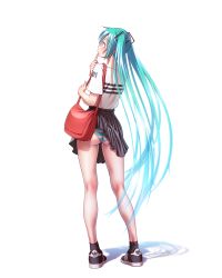 Rule 34 | 1girl, adidas, ankle socks, aqua hair, ass, bag, commentary request, finger to mouth, from behind, full body, handbag, hatsune miku, highres, kneepits, long hair, nail polish, panties, pantyshot, simple background, skirt, skirt caught on object, socks, solo, standing, striped clothes, striped panties, twintails, underwear, very long hair, vocaloid, wardrobe malfunction, white background, wokada