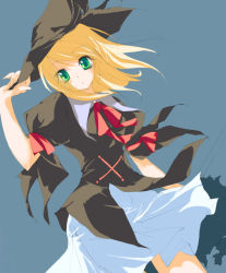 Rule 34 | 1girl, blonde hair, green eyes, hat, short hair, simple background, solo, witch hat, yudesoba
