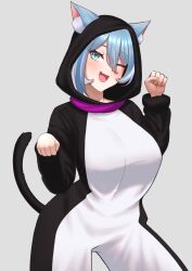 Rule 34 | 1girl, animal ear fluff, animal ears, blue hair, breasts, cat ears, cat pajamas, cat tail, cipher4109, commentary, elira pendora, english commentary, fang, green eyes, grey background, hair between eyes, highres, large breasts, nijisanji, nijisanji en, one eye closed, open mouth, skin fang, solo, tail, virtual youtuber
