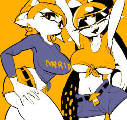 2girls black_hair breasts callie_(splatoon) closed_eyes crop_top earrings jewelry large_breasts long_hair marie_(splatoon) mole mole_under_eye multiple_girls navel nintendo short_shorts shorts splatoon_(series) tentacle_hair underboob yuta_agc