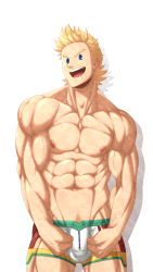 Rule 34 | 1boy, abs, absurdres, bara, blonde hair, blue eyes, boku no hero academia, bulge, clothing cutout, cowboy shot, flexing, highres, inunekostudio, male focus, male underwear, muscular, muscular male, navel, nipples, pectorals, red male underwear, short hair, solo, spiked hair, stomach, thick thighs, thigh cutout, thighs, togata mirio, underwear, underwear only, veins, white male underwear