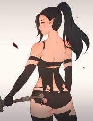 Rule 34 | 1girl, a2 (nier:automata) (cosplay), ass, black hair, black thighhighs, cosplay, cowboy shot, earrings, elezen, elf, final fantasy, final fantasy xiv, from behind, highres, hilda ware, holding, holding sword, holding weapon, jewelry, joints, koyorin, long hair, looking at viewer, looking back, nier:automata, nier (series), pointy ears, ponytail, red eyes, revision, robot joints, short shorts, shorts, solo, sword, thighhighs, weapon, white background, a2 (nier:automata)