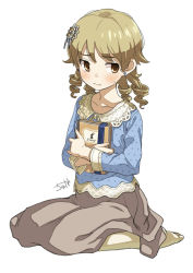 Rule 34 | 1girl, blouse, blush, book, brown eyes, diary, drill hair, earrings, frown, full body, hair ornament, holding, holding book, idolmaster, idolmaster cinderella girls, jewelry, light brown hair, long hair, long skirt, long sleeves, looking to the side, morikubo nono, no shoes, ringlets, shirt, signature, simple background, sitting, skirt, solo, stud earrings, sweatdrop, tyuga, wariza, white background