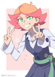 Rule 34 | 1girl, ahoge, amanda o&#039;neill, arikindows10, breasts, commentary request, double v, dress, green eyes, grin, highres, little witch academia, looking at viewer, luna nova school uniform, multicolored hair, orange hair, red hair, school uniform, shirt, short hair, simple background, small breasts, smile, solo, twitter username, two-tone hair, v, witch