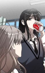 Rule 34 | 2girls, black eyes, black hair, blue jacket, can, choi jeongmin, dreaming freedom, drink, drink can, ha juhyeon, hand up, jacket, long hair, looking at another, multiple girls, school uniform, shirt, soda can, very long hair, white hair, white shirt, window