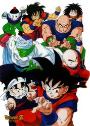 Rule 34 | 1990s (style), 6+boys, arms up, bald, black eyes, black hair, boots, chaozu, colored skin, cross scar, crossed arms, dougi, dragon ball, dragonball z, father and son, fighting stance, green skin, hat, headband, highres, kuririn, logo, long hair, looking at viewer, looking away, male focus, minoru maeda, multiple boys, muscular, namekian, official art, outstretched arms, piccolo, pointy ears, retro artstyle, saiyan, scar, scar on face, serious, short hair, simple background, son gohan, son goku, squatting, tenshinhan, third eye, white background, white skin, wristband, yajirobe, yamcha