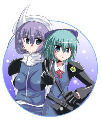 Rule 34 | 2girls, advent cirno, blue eyes, blue hair, breasts, cirno, green eyes, keroro, kuraryu, letty whiterock, long sleeves, looking at viewer, multiple girls, short hair, simple background, taut clothes, touhou, upper body, white background