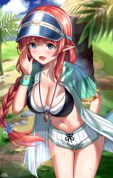 Rule 34 | 1girl, absurdres, bikini, bikini under clothes, black bikini, blue eyes, blue hat, blue shirt, blue shorts, braid, breasts, brown hair, cleavage, cloud, elf, hand to own mouth, hat, highres, leaning forward, long hair, misato (princess connect!), misato (summer) (princess connect!), navel, open clothes, open mouth, open shirt, outdoors, pointy ears, ponytail, princess connect!, rahy, shirt, short shorts, short sleeves, shorts, sky, smile, solo, striped clothes, striped shorts, swimsuit, thigh gap, thighs, tree, vertical-striped clothes, vertical-striped shorts, visor cap, whistle, whistle around neck, white bikini, wristband