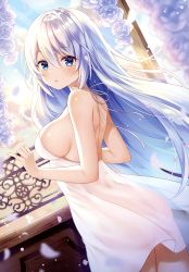 Rule 34 | 1girl, absurdres, ass, blue eyes, blurry, blurry foreground, blush, breasts, cowboy shot, depth of field, dress, dutch angle, flower, from behind, hair between eyes, halterneck, highres, large breasts, long hair, looking at viewer, looking back, mitsuba choco, no panties, original, parted lips, petals, scan, see-through, sideboob, silver hair, solo, strap gap, very long hair, white dress