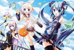 Rule 34 | 3girls, blonde hair, blue eyes, blue hair, chibi, cloud, cymbals, day, detached sleeves, drumsticks, guitar, hachune miku, hair ornament, hair ribbon, hairclip, hatsune miku, instrument, kagamine rin, leg warmers, long hair, megurine luka, microphone, microphone stand, multiple girls, nail polish, necktie, open mouth, pink hair, project diva (series), project diva 2nd, railing, ribbon, sailor collar, sitting, skirt, sky, smile, spring onion, takoluka, thighhighs, twintails, very long hair, vocaloid, yaki mayu