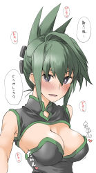 Rule 34 | 1girl, black dress, blush, breasts, china dress, chinese clothes, dress, elf (stroll in the woods), green eyes, green hair, highres, large breasts, looking at viewer, open mouth, shaman king, short hair, simple background, smile, solo, tao jun, translation request, white background