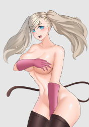 Rule 34 | 1girl, aori sora, black footwear, blue eyes, blush, boots, breast hold, breasts, cleavage, collarbone, covering privates, covering breasts, covering crotch, embarrassed, eyes visible through hair, female focus, floating hair, gloves, grey background, hair ornament, hairclip, highres, large breasts, long hair, looking at viewer, navel, neck, nude, open mouth, persona, persona 5, pink gloves, round teeth, shy, silver hair, simple background, solo, standing, takamaki anne, teeth, thigh boots, thighhighs, twintails, upper teeth only