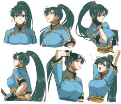 Rule 34 | 1girl, blue dress, delsaber, dress, earrings, expressions, fingerless gloves, fire emblem, fire emblem: the blazing blade, gloves, green eyes, green hair, highres, jewelry, katana, long hair, looking at viewer, looking up, lyn (fire emblem), nintendo, ponytail, rope belt, squinting, sweatdrop, sword, upper body, weapon, yawning