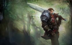 Rule 34 | 1boy, absurdres, armor, artist request, bad source, beard, blue eyes, brown hair, collared jacket, day, facial hair, feet out of frame, fingerless gloves, forest, garen (league of legends), gauntlets, gloves, highres, jacket, league of legends, leather, leather belt, leather jacket, leather pants, light, light rays, long hair, long sword, looking at another, male focus, manly, mature male, nature, official alternate costume, official art, outdoors, over shoulder, pants, rugged garen, shattered, shoulder armor, shoulder pads, solo, sun, sunlight, sword, tree, weapon, weapon over shoulder