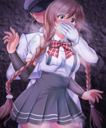 Rule 34 | 1boy, 1girl, admiral (kancolle), arm warmers, bow, bowtie, braid, breasts, chloroform, cloud hair ornament, covering another&#039;s mouth, cowboy shot, gagged, grabbing, grabbing another&#039;s breast, grabbing from behind, grey skirt, hand gagged, hand over another&#039;s mouth, hand over another's mouth, hat, kantai collection, kidnapping, kneehighs, light brown hair, long hair, long sleeves, medium breasts, military, military uniform, minegumo (kancolle), naval uniform, peaked cap, plaid clothes, plaid neckwear, pleated skirt, red eyes, red neckwear, shirt, short sleeves, skirt, socks, standing, suspenders, twin braids, unconscious, uniform, white shirt, zanntetu