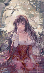 Rule 34 | 1girl, artist name, breasts, brown hair, chest jewel, chinese commentary, choker, cleavage, collarbone, commentary request, cowboy shot, crying, crying with eyes open, dress, forest, gem, hair ornament, hairband, hand on ground, hand on own chin, highres, jewelry, juliet sleeves, large breasts, layered sleeves, leaf, light blush, light frown, long dress, long hair, long sleeves, looking at viewer, mole, mole under eye, nature, necklace, original, outdoors, parted lips, pink eyes, puffy sleeves, red choker, red dress, red gemstone, red hairband, red sleeves, rivet jiang, sample watermark, short over long sleeves, short sleeves, sitting, solo, star (symbol), star hair ornament, star necklace, streaming tears, tears, very long hair, watermark, white sleeves, wide sleeves