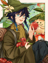 1boy 2boys alternate_costume apple aranara_(genshin_impact) backpack bag bird black_hair black_pants blue_hair braid brown_shirt dintoge flower food fruit genshin_impact gradient_hair green_hat hat hat_feather hat_flower highres long_sleeves looking_at_viewer male_focus moomin multicolored_hair multiple_boys open_mouth pants shirt smile snufkin twin_braids venti_(genshin_impact) white_flower witch_hat