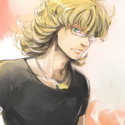 Rule 34 | 10s, 1boy, arimaty, barnaby brooks jr., blonde hair, glasses, gradient background, green eyes, jewelry, male focus, necklace, shirt, solo, t-shirt, tiger &amp; bunny
