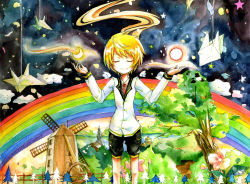Rule 34 | 1girl, :d, akuryo.x, artist name, bad id, bad pixiv id, blonde hair, cloud, crescent moon, closed eyes, fence, highres, moon, necktie, open mouth, origami, original, painting (medium), paper crane, rainbow, short hair, shorts, sky, smile, solo, star (sky), starry sky, sun, traditional media, tree, watercolor (medium), windmill