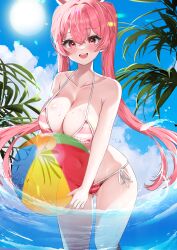 Rule 34 | 1girl, absurdres, ball, beach, beachball, bikini, blue sky, blush, breasts, cleavage, cloud, collarbone, day, gluteal fold, hair between eyes, highres, holding, holding ball, holding beachball, large breasts, long hair, looking at viewer, muang (muang vrc), navel, outdoors, palm tree, partially submerged, pink bikini, pink hair, red eyes, side-tie bikini bottom, sky, smile, striped bikini, striped clothes, sunlight, swimsuit, teeth, tree, twintails, upper teeth only, very long hair, vrchat, water drop