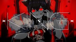 Rule 34 | 1girl, barbed wire, black collar, coat, collar, commentary request, crown, unworn crown, dark talker, english text, finger to mouth, fur-trimmed coat, fur trim, highres, holding, holding crown, hololive, king (vocaloid), looking at viewer, natsuiro matsuri, official art, red background, red eyes, red theme, second-party source, smile, solo, song name, straight-on, teeth, throne, virtual youtuber, vocaloid