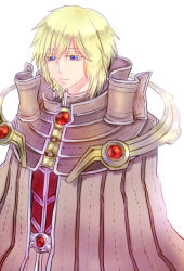 Rule 34 | 1boy, blonde hair, blue eyes, braid, brown cape, cape, closed mouth, commentary request, looking to the side, male focus, misuguu, ragnarok online, red shirt, sage (ragnarok online), shirt, short hair, side braid, simple background, single braid, solo, striped cape, upper body, white background