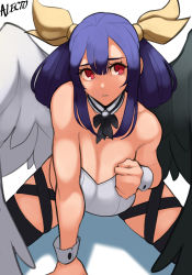 Rule 34 | 1girl, alecto 0, angel wings, arm support, artist name, asymmetrical wings, bare shoulders, black bow, blue hair, bow, bowtie, breasts, choker, cleavage, collar, dizzy (guilty gear), guilty gear, guilty gear xrd, hair between eyes, hair rings, hand on own chest, highres, large breasts, mature female, red eyes, shaded face, shadow, simple background, skindentation, solo, thigh strap, thighhighs, thighs, twintails, white background, wings, wrist cuffs