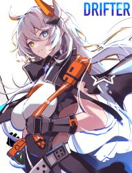 Rule 34 | 1girl, absurdres, blue eyes, breasts, commentary, english commentary, english text, from below, gloves, grey gloves, hair between eyes, heterochromia, highres, honkai (series), honkai impact 3rd, kiana kaslana, kiana kaslana (void drifter), long hair, looking to the side, medium breasts, open mouth, solo, sparks summer, white hair, yellow eyes