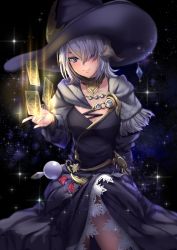 Rule 34 | 10s, 1girl, arm behind back, aruma jiki, astrologian (final fantasy), au ra, au ra raen, black dress, black hat, blush, breasts, card, cleavage, collar, collarbone, crystal ball, diamond (gemstone), dragon girl, dragon tail, dress, female focus, final fantasy, final fantasy xiv, gradient background, hair over one eye, hat, jewelry, long sleeves, magic, neck ring, purple eyes, short hair, small breasts, smile, solo, space, sparkle, tail, warrior of light (ff14), white hair, witch hat, wizard hat